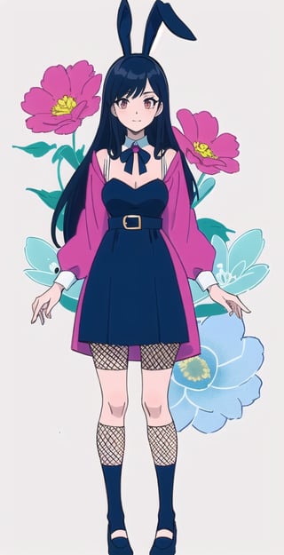 young woman, abstract black and white background, dark blue and hot pink clothing theme, long black hair, bunnygirl costume,nemu, flowers around, long fishnet socks,Giselle Gewelle