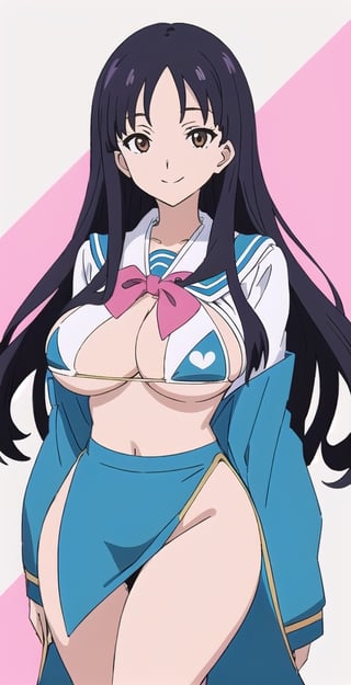 adult pretty woman, woman, schoolgirl uniform, long hair, black hair, very straight hair, big boobs, abstract empty background, light white texture, white and blue and pink theme, little smile, (kyoto_animation_art_style: 1.1), big boobs, little big hips, 