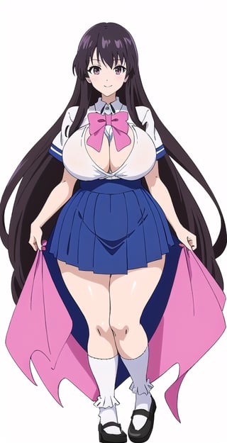 adult pretty woman, woman, schoolgirl uniform, long hair, black hair, very straight hair, big boobs, abstract empty background, light white texture, white and blue and pink theme, little smile, (kyoto_animation_art_style: 1.1), big boobs, big hips, long fishnet socks