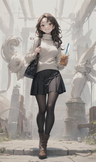 (masterpiece, best quality), intricate details, thin, (slim), beautiful girl,A girl with long brown hair, smiling, wearing a sweater, cotton skirt, black stockings, brown high-heeled riding boots, holding a glass of drink in her hand
