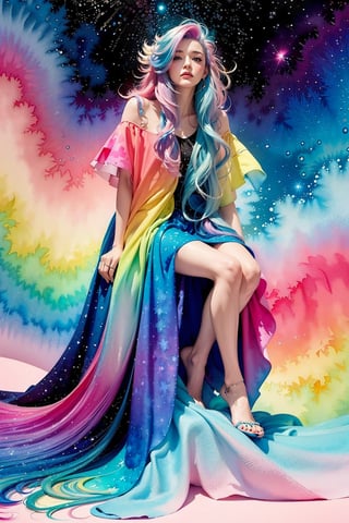 (masterpiece, top quality, best quality,watercolor (medium),official art, beautiful and aesthetic:1.2),(1girl:1.3), (fractal art:1.3),upper body, from side, looking at viewer,patterns,(rainbow color Hair,colorful hair,half blue and half pink hair:1.2),water,liquid, cloud,colorful, starry,stars,sitting moon