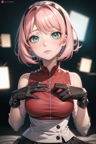 {{{masterpiece}}}, {{{best quality}}}, {{{ultra-detailed}}}, {cinematic lighting}, {illustration}, 1girl, sakura haruno, (green eyes:1.5), konoha sign on hairban, short hair, pink hair, bare shoulders, black skirt, black gloves, diamond mark on forehead, gloves, gloves, konohagakure symbol, ninja, (red shirt:1.5), shirt, sleeveless, sleeveless shirt,sexy breasts, cleavagei, pretty face, pretty eyes, nice hands,  perfect body, bedroom, standing,bedroom_eyes,facing_viewer,