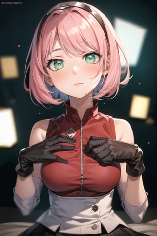 {{{masterpiece}}}, {{{best quality}}}, {{{ultra-detailed}}}, {cinematic lighting}, {illustration}, 1girl, sakura haruno, (green eyes:1.5), konoha sign on hairban, short hair, pink hair, bare shoulders, black skirt, black gloves, diamond mark on forehead, gloves, gloves, konohagakure symbol, ninja, (red shirt:1.5), shirt, sleeveless, sleeveless shirt,sexy breasts, cleavagei, pretty face, pretty eyes, nice hands,  perfect body, bedroom, standing,bedroom_eyes,facing_viewer,