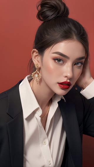 1girl, solo, red background, bun hair, looking at viewer, brown hair, shirt, jewelry, closed mouth, tattoo, neck tattoo, upper body tattoo, jacket, white shirt, upper body, earrings, collared shirt, necklace, lips, black jacket, head tilt, sunglass, makeup, formal, suit, lipstick, ground vehicle, motor vehicle, red background, red lips, (brilliant composition) 