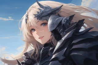 sexy, girl, long hair, beautiful sky, beautiful face, happy, armored