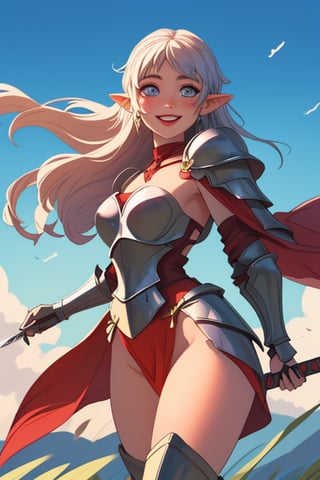 girl, armor, armored, big thighs, big_thighs, thicc thighs, medieval, sword, happy face, beautiful face, make up, piercings, elf ears, beautiful cenario, lights, daggers, beautiful sky, wind, detailed hair