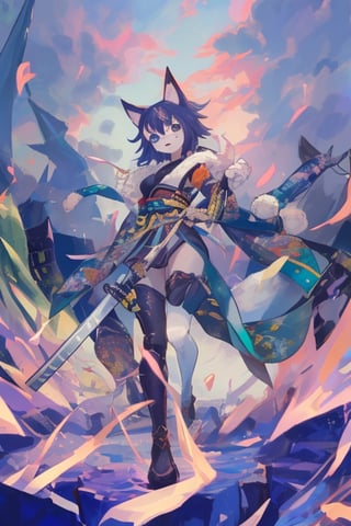 girl, furry, katana, beautiful sky