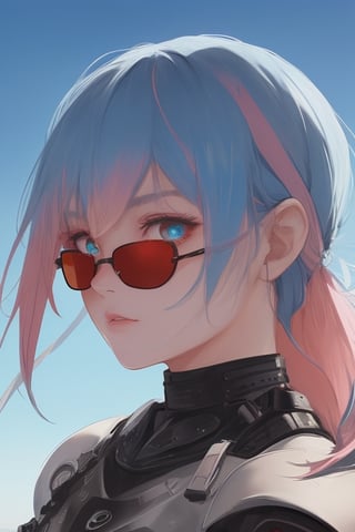 girl, blue and pink hair, shades, blue eye and red eye, armoured, beautiful sky, beautiful sun, heterocromy, red fades