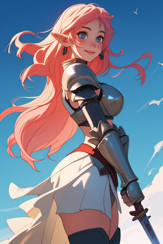 girl, armor, armored, big thighs, big_thighs, thicc thighs, medieval, sword, happy face, beautiful face, make up, piercings, elf ears, beautiful cenario, lights, daggers, beautiful sky, wind, detailed hair