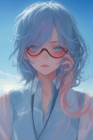 girl, blue and pink hair, shades, blue eye and red eye heterocromy, beautiful sky, red fades