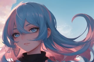 girl, blue and pink hair, shades, blue eye and red eye, armoured, beautiful sky, beautiful sun