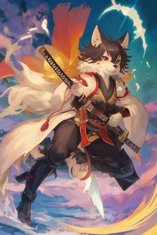 girl, furry, katana, beautiful sky