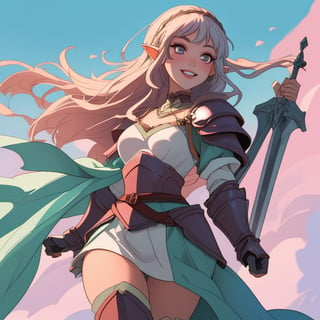 girl, armor, armored, big thighs, big_thighs, thicc thighs, medieval, sword, happy face, beautiful face, make up, piercings, elf ears, beautiful cenario, lights, daggers, beautiful sky, wind, detailed hair