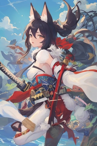 girl, furry, katana, beautiful sky