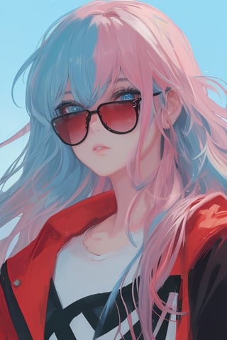 girl, blue and pink hair, shades, blue eye and red eye heterocromy, beautiful sky, red fades