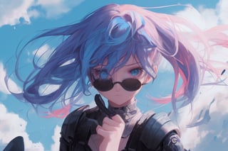 girl, blue and pink hair, shades, blue eye and red eye, armoured, beautiful sky, beautiful sun