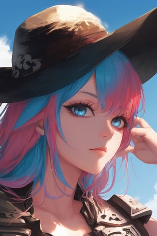 girl, blue and pink hair, shades, blue eye and red eye, armoured, beautiful sky, beautiful sun, heterocromy, red fades