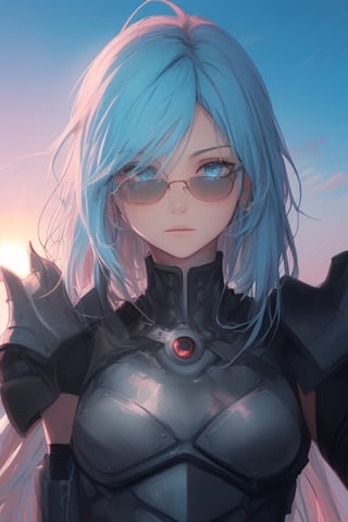 girl, blue and pink hair, shades, blue eye and red eye, armoured, beautiful sky, beautiful sun