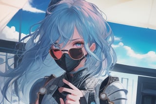 girl, blue and pink hair, shades, blue eye and red eye, armoured, beautiful sky, beautiful sun