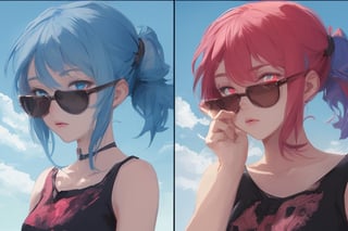 girl, blue and pink hair, shades, blue eye and red eye heterocromy, beautiful sky, red fades