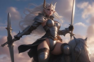 girl, armor, armored, big thighs, big_thighs, thicc thighs, medieval, sword, happy face, beautiful face, make up, piercings, elf ears, beautiful cenario, lights, daggers, beautiful sky, wind, detailed hair