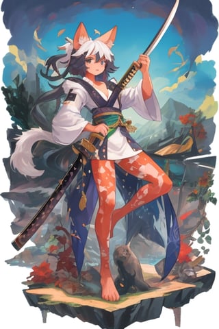 girl, furry, katana, beautiful sky