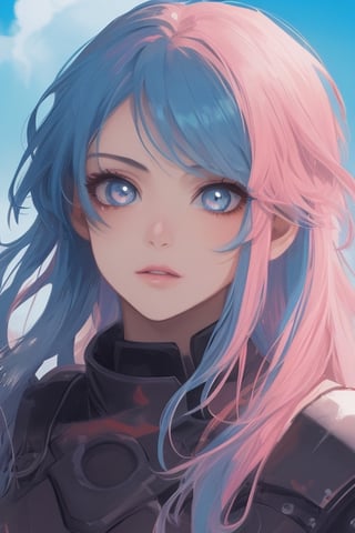 girl, blue and pink hair, shades, blue eye and red eye, armoured, beautiful sky, beautiful sun