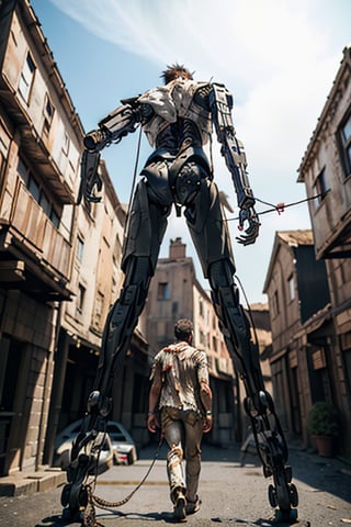 (seen from behind), (seen from below), a man in ragged and torn clothing is draging a broken down cyborg behind him with a rope, ancient town, amazingly detailed, extremely detailed, large scale picture, cinematic, 3d_portrait, futubot 