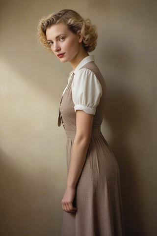 (((Iconic 1940s age style extremely beautiful)))
(((Blonde short curly hair)))(((40s age style simple farmer dress for women, elegant,vintage)))
(((delicate interplay of light and shadow, artistic expression, emotional resonance, symmetry,minimalistic)))
(((1940s age style)))
(((Sun-drenched light elegant colors background)))
(((View zoom,view detailed,wide angle))) 
(((by Annie Leibovitz style,by caravaggio style))),cinematic style