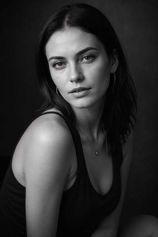 A professional portrait,  wide angle shot,  low key photo,  black and white,  half body shot,  white woman (20 years old),  looking down to the left,  scratch nipples,  serious,  arms to her shoulder,  she tilts her head,  she wears a sleeveless shirt and some necklaces,  studio shot,  indoor,  wooden dark background,  gritty look,  detailed image,  high resolution,  deteailed image,  skin wrinkles