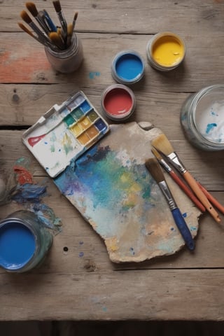 top view photograph, artist's table in studio, table is set with a variety of paint brushes, a palette with vibrant colors, jar of cleaning water, background is an old, paint-stained wooden table --ar 9:16 --style raw