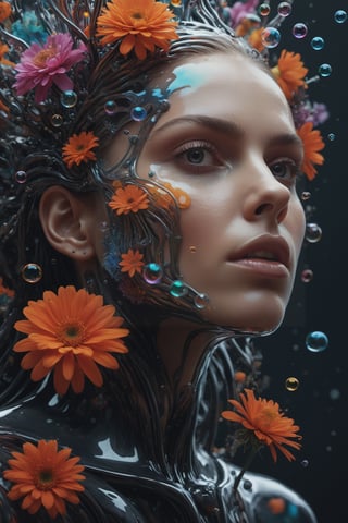 biomechanical style illustration beautiful woman, colorful melting human head. acrylic bubbles and flowers, ferrofluids, water distortions. looking up, intricate abstract. intricate artwork. beeple. blend of organic and mechanical elements, futuristic, cybernetic, detailed, intricate, dark theme, (in awe:1.2), confident, (surprised:0.7), natural skin, style of Stan Manoukian,


physically based unbiased rendering, natural lighting, soft shadows, extremely high-resolution details, photographic, realism pushed to extreme, fine texture, 4k,  ultra-detailed, high quality, high contrast,
,dripping paint