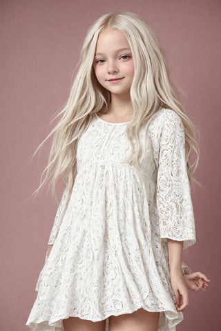 Snapshots of serenity: A tender tween girl, with delicate features and prominent bustline, is set against a soft focus backdrop. Her flowing white hair frames her peaceful visage, while a colorful hippie dress swirls around her legs. The carefree pose, captured mid-moment, exudes a sense of stolen joy.