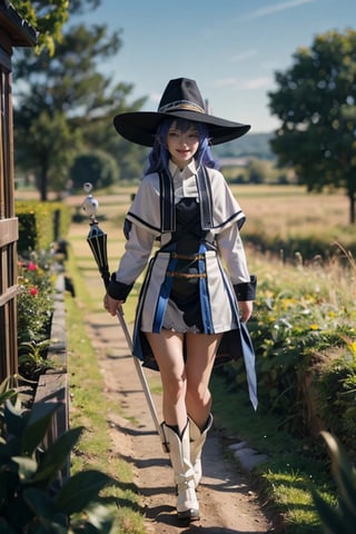 Centered, Ultra realistic, 1girl, 16 years old, Roxy Migurdia (mushoku tensei), mage, one thin magic staff, white boots, medium breasts, long braided hair, bright blue hair, oversized black witch hat, standing, in a large field, smiling, ultra realistic shadows, luxury fashion illustration, masterpiece, high quality, 32k, perfect detailed, ultra sharp focus,view from knee up, walking towards viewer,