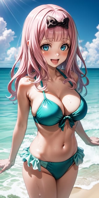 best quality, (masterpiece:1.2), detailed, , fujiwara chika (kaguya-sama), 1girl, solo, open mouth, smile, pink hair, blue eyes, long hair, hair bow, frilled bikini, aqua bikini, standing, looking at the viewer, beach, water, cloud, upper body
