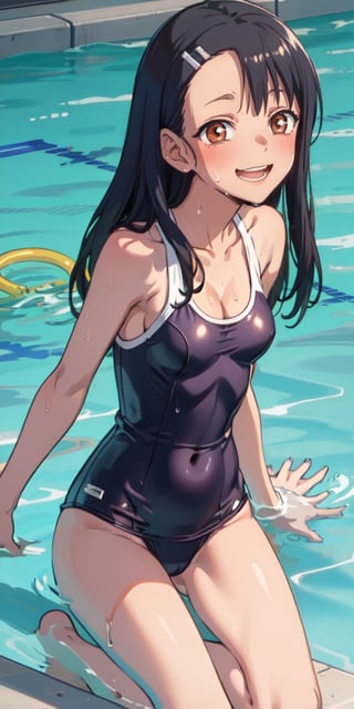 masterpiece, best quality, highres, one-piece swimsuit, wet, partially submerged, water, poolside, smile, open mouth,, nagatoro hayase,  cleavage, small breasts,