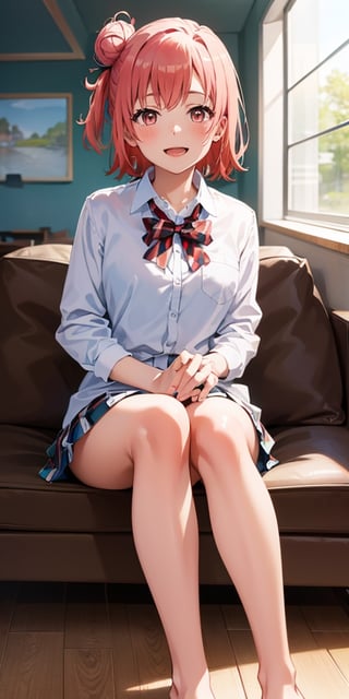 masterpiece, high quality, best quality, high resolution, 4k, high definition, beautiful lighting,highly detailed face, well drawn hands, well drawn legs,well drawn feet,well drawn eyes,1girl, short hair, pink hair, pink eyes, yui, hair bun,sobu high school uniform, black blazer, white shirt, red ribbon plaid skirt, smiling,