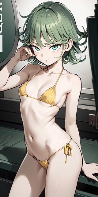 masterpiece, best quality, extremely detailed, hyper detailed, tatsumaki, green eyes, green hair, nsfw, bikini, iom