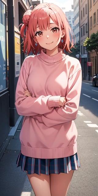 (masterpiece, best quality:1.4), looking at viewer, cowboy shot, smile, closed mouth, yui yuigahama, single hair bun, pink sweater, plaid skirt, street, 