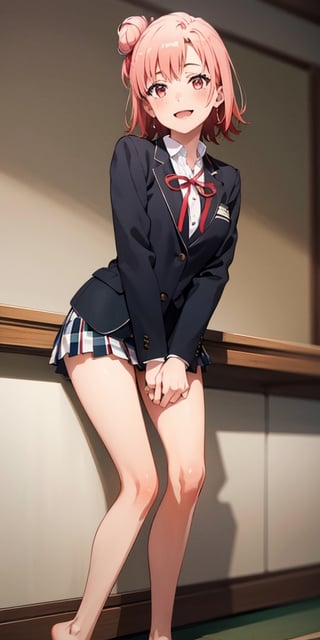 masterpiece, high quality, best quality, high resolution, 4k, high definition, beautiful lighting,highly detailed face, well drawn hands, well drawn legs,well drawn feet,well drawn eyes,1girl, short hair, pink hair, pink eyes, yui, hair bun,sobu high school uniform, black blazer, white shirt, red ribbon plaid skirt, smiling,