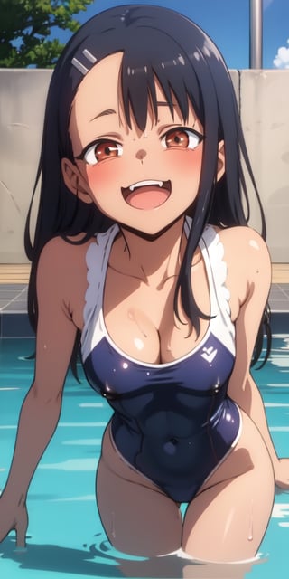 masterpiece, best quality, highres, one-piece swimsuit, wet, partially submerged, water, poolside, smile, open mouth,, nagatoro hayase,  cleavage, small breasts,