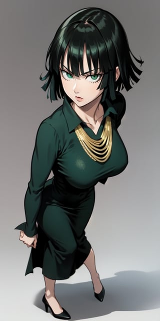 fubuki\(one punch man\),1girl,solo, large breasts, green eyes, black hair,portrait, taut clothes, taut dress, necklace, looking at viewer, mature female,, full-body_portrait
