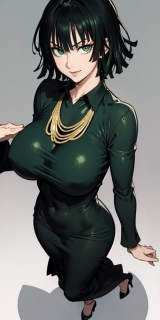 fubuki\(one punch man\),1girl,solo, large breasts, green eyes, black hair,portrait, taut clothes, taut dress, necklace, looking at viewer, mature female,, full-body_portrait, smile
