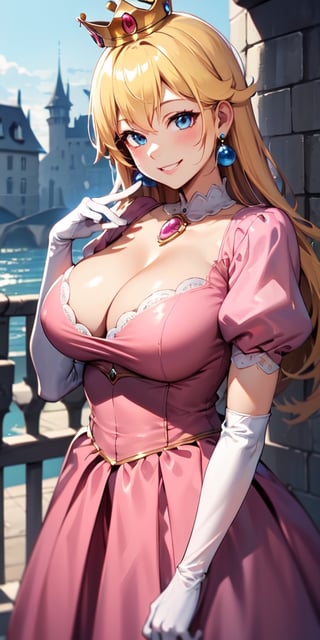 Peach_SMP,  masterpiece, best quality, highres, pch, pink dress, brooch, puffy sleeves, short sleeves, smile, elbow gloves, earrings, crown, outside of castle, large breasts, upper body, close-up, 