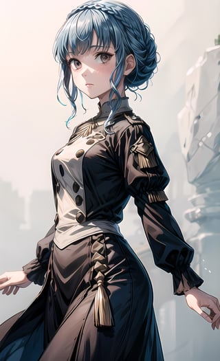 marianne_von_edmund, 1girl, blue hair, solo, braid, brown eyes, crown braid, long sleeves, garreg mach monastery uniform, simple background, expressionless, facing viewer  standing, 