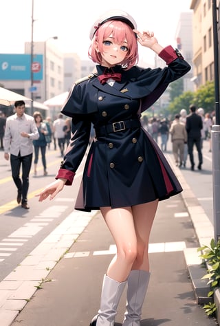 A girl with a short navy blue dress, short pink hair, a hat, riding boots, a good figure, a jacket, and high heels, looking at the screen.