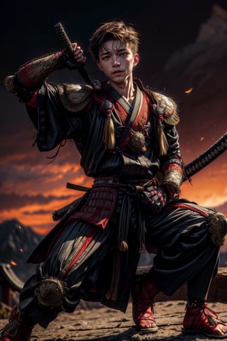 Realistic, (masterpiece1.2), (Ultra HDR quality),  the (Tom Holland) with japanese samurai suit, sengoku era, katanas, perfect samurai suit, full body shot,cinematic pose, detailed face, detailed body