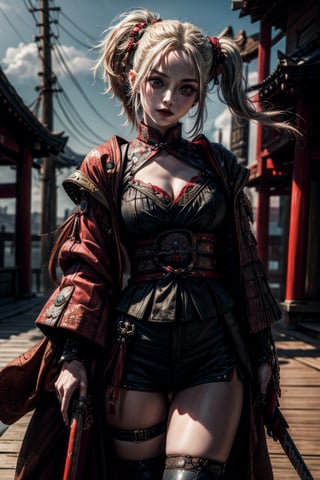 Realistic, (masterpiece1.2), (Ultra HDR quality),  the Harley Quinn with japanese samurai suit, sengoku era, katanas, perfect samurai suit, full body shot