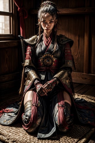 Realistic, (masterpiece1.2), (Ultra HDR quality),  the (Zoe Saldana) with japanese samurai suit, sengoku era, katanas, perfect samurai suit, full body shot,detailed face, detailed body