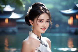 best quality,masterpiece,highres,cg, 1girl,(seductive smile:0.8),long hair,star-shaped pupils,cheongsam,dress,water,solo,jewelry,white dress,earrings,hair ornament,splashing,upper body,hair bun,black hair, lighting,candid,Photograph,high resolution,4k,8k,Bokeh,